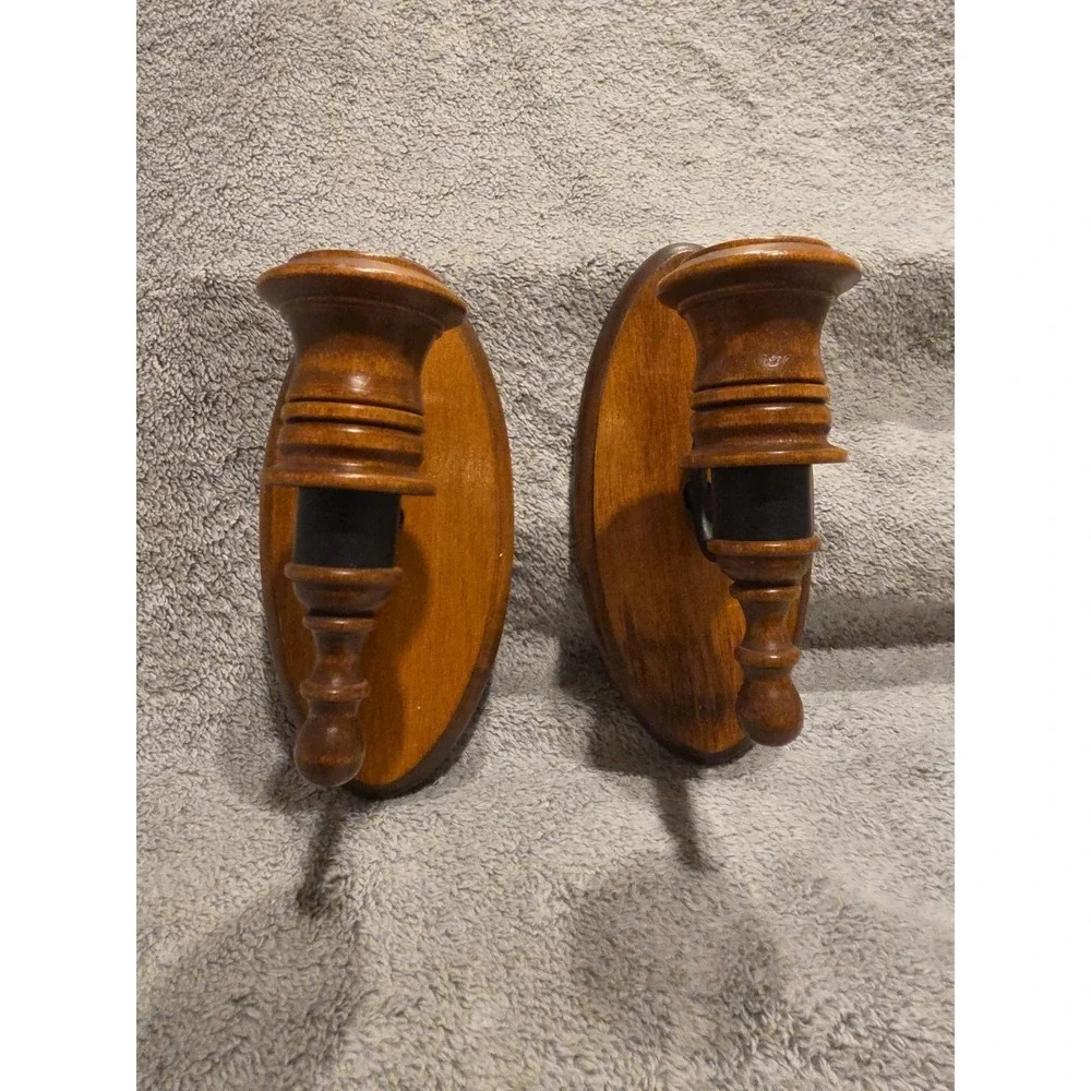 Vintage Oval Wooden Wall Sconces 8 in Tall with Black Metal Trim Set of 2‎